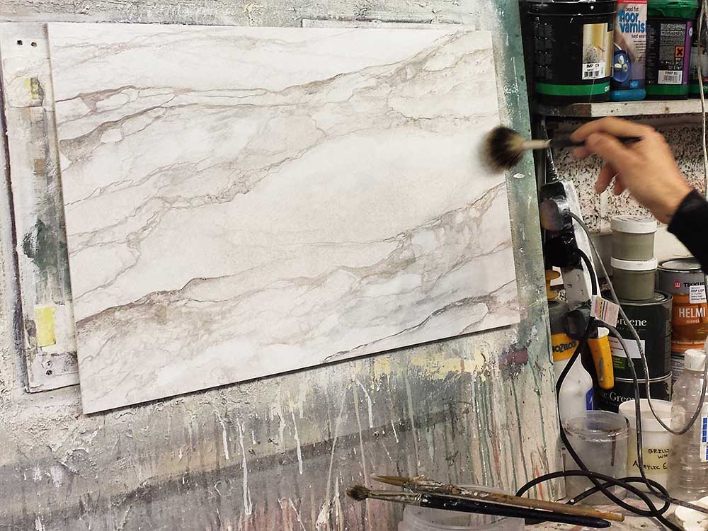 Working on Nina Campbell's new wall paper collection's marble designs.