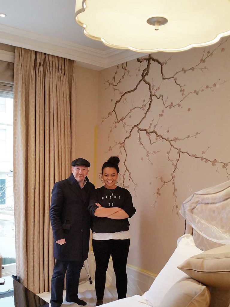 Henry & Diane with the cherry blossom Chinoisserie mural on silk paper